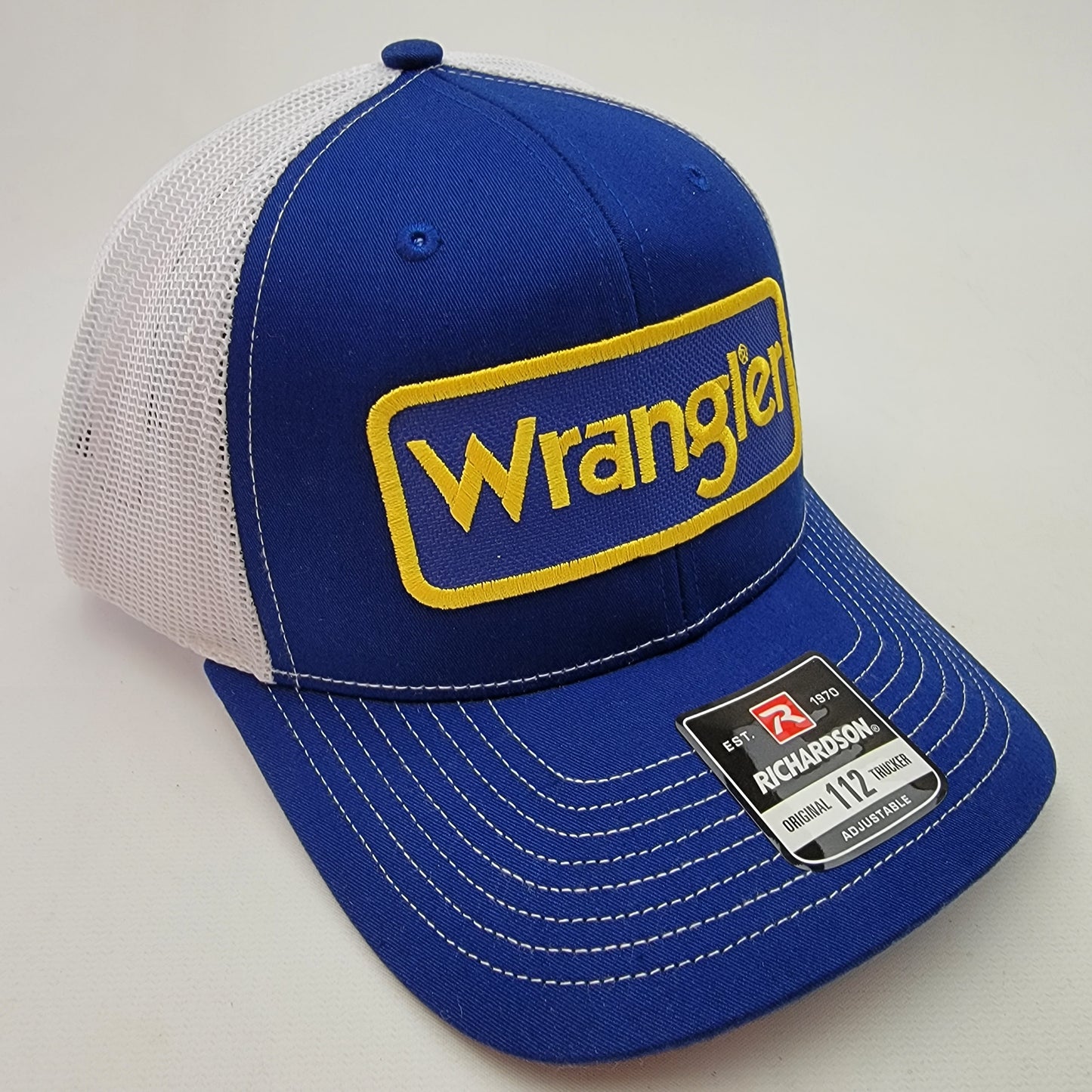Wrangler Patch Richardson 112 Trucker Mesh Snapback Cap Hat Blue & White