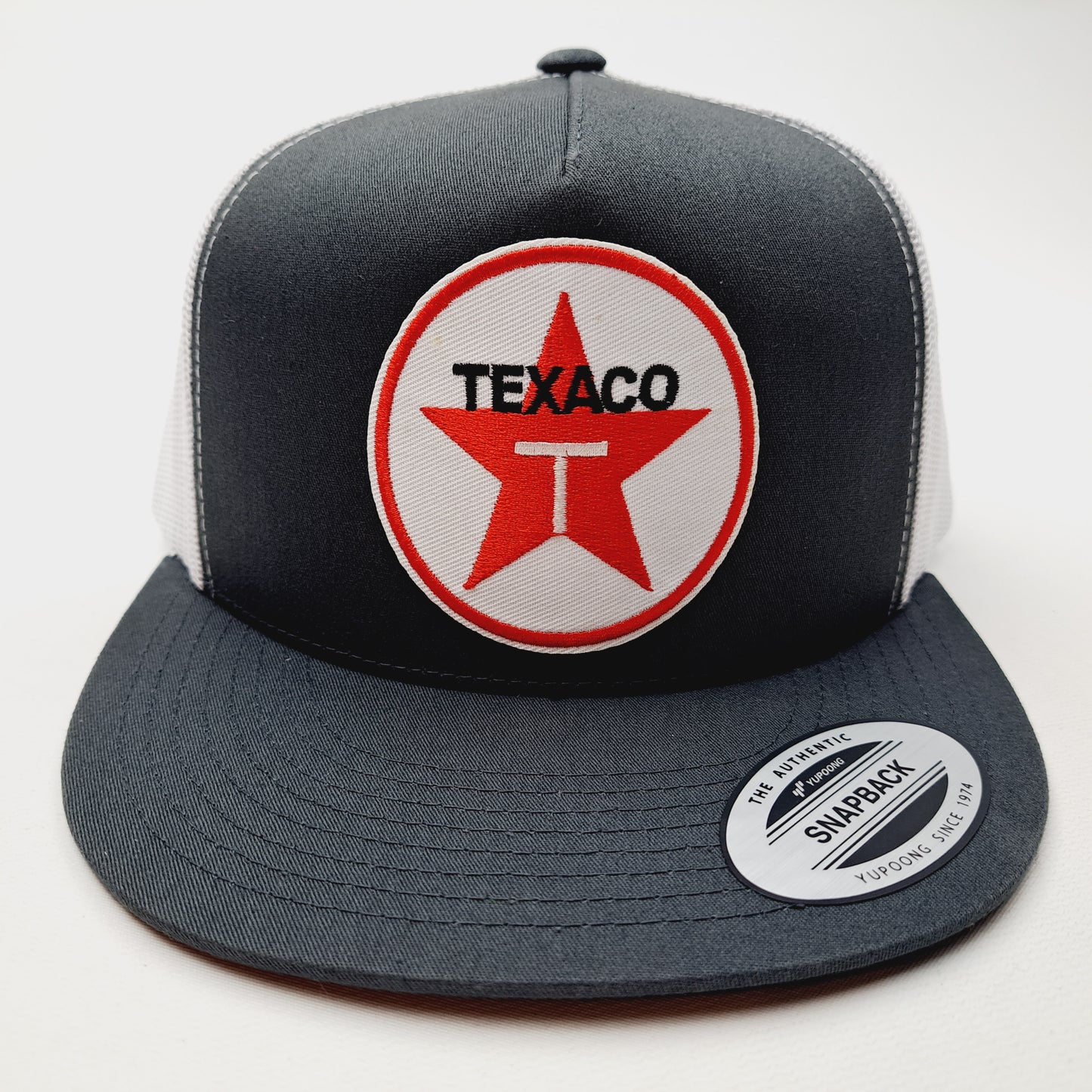 Texaco Embroidered Patch Flat Bill Snapback Mesh Hat Cap Yupoong Gray White