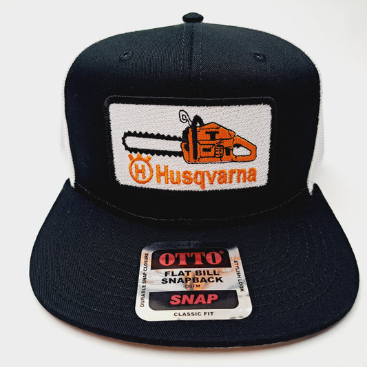 Husqvarna Chainsaws Embroidered Patch Flat Bill Trucker Mesh Snapback Cap Hat Black