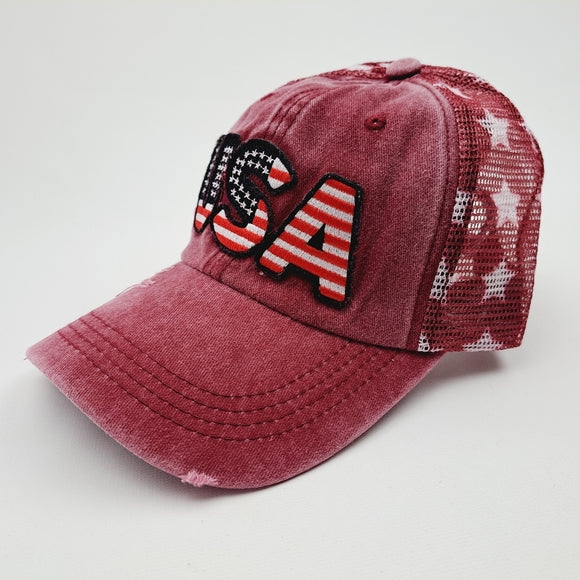 Patriotic USA Embroidered Patch Ponytail Hat Cap Mesh Net Stars Red Relaxed Cotton