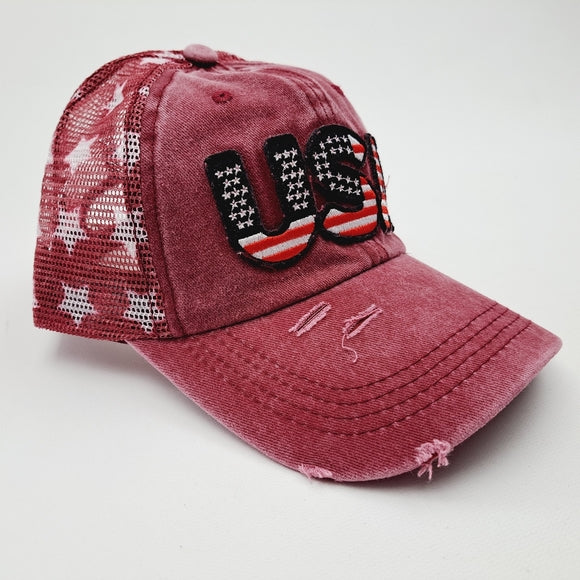 Patriotic USA Embroidered Patch Ponytail Hat Cap Mesh Net Stars Red Relaxed Cotton