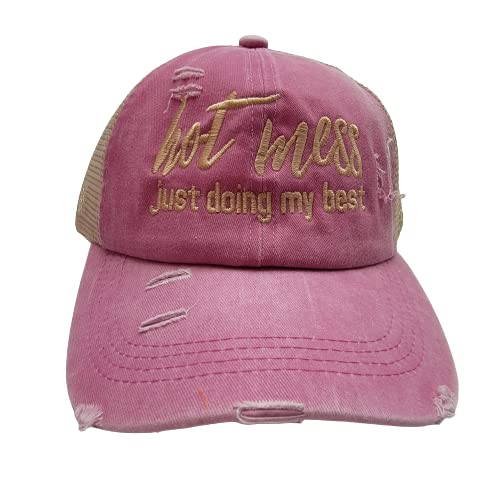 Hot Mess Just Doing My Best Women's Ponytail Cap Hat Garment washed Pink Mesh Cotton Front