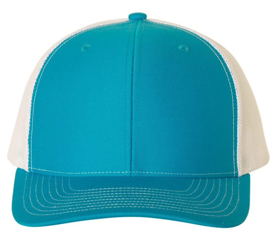 Richardson 112 Blank Low Profile Snapback Mesh Baseball Trucker Hat Cap Cyan Blue & White