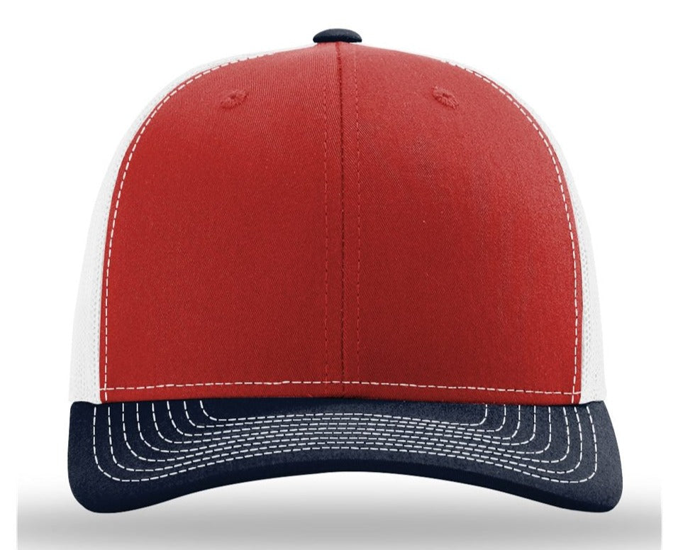 Richardson 112 Blank Low Profile Snapback Mesh Baseball Trucker Hat Cap Hot Red, White, & Navy Blue