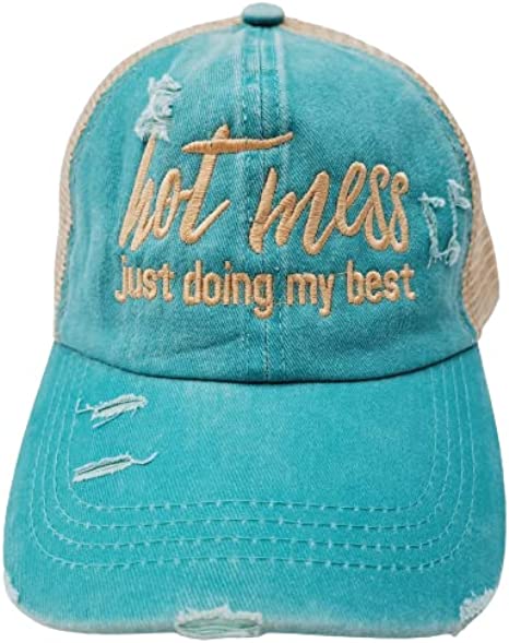 Hot Mess Just Doing My Best Relaxed Cotton Women's Ponytail Mesh Direct Embroidered Strap back Curved Bill Hat Cap Teal