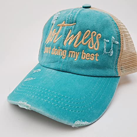 Hot Mess Just Doing My Best Relaxed Cotton Women's Ponytail Mesh Direct Embroidered Strap back Curved Bill Hat Cap Teal