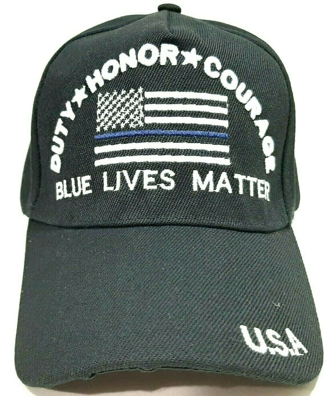 Blue Lives Matter Mens Hat Cap Thin Blue Line Flag Embroidered Black Acrylic