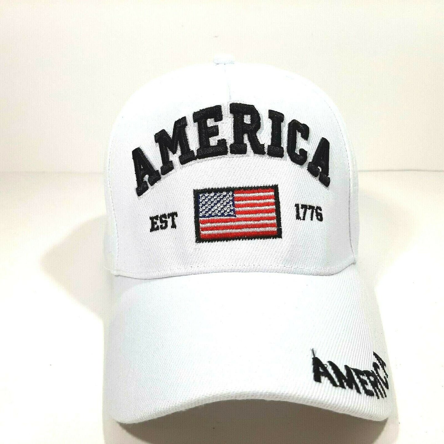 USA Flag Patch America Est 1776 Mens Embroidered Hat Cap White Adjustable Strap Acrylic