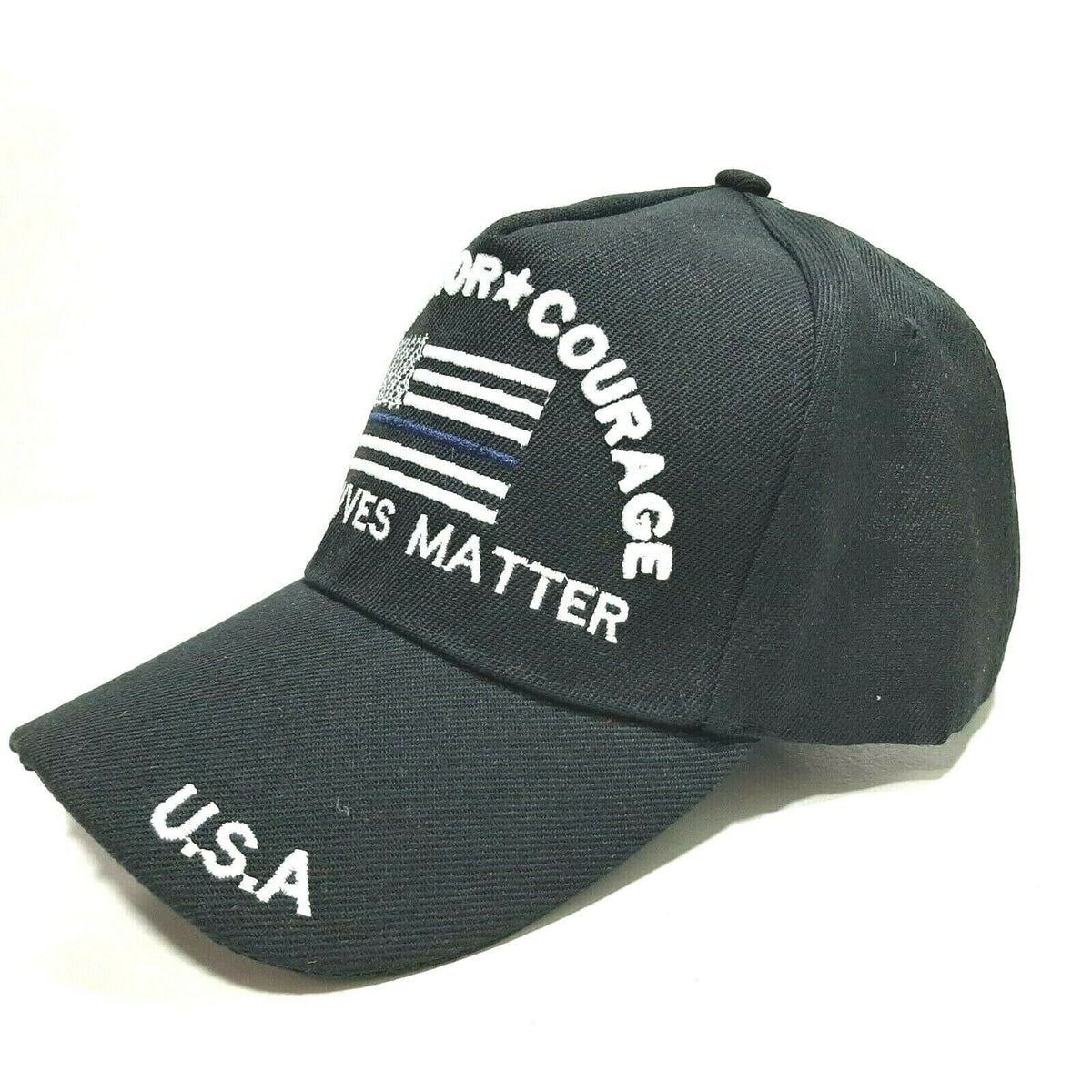 Blue Lives Matter Mens Hat Cap Thin Blue Line Flag Embroidered Black Acrylic