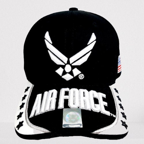 U.S. Air Force Baseball Cap Hat 3-D Puff Embroidery Black US Flag 100% Cotton