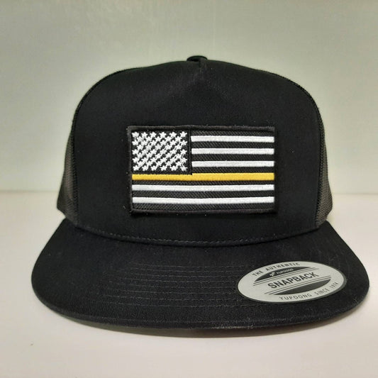 Thin Yellow Line Flag Patch Yupoong Classics Flat Bill Baseball Cap Trucker Mesh Snapback Hat Black