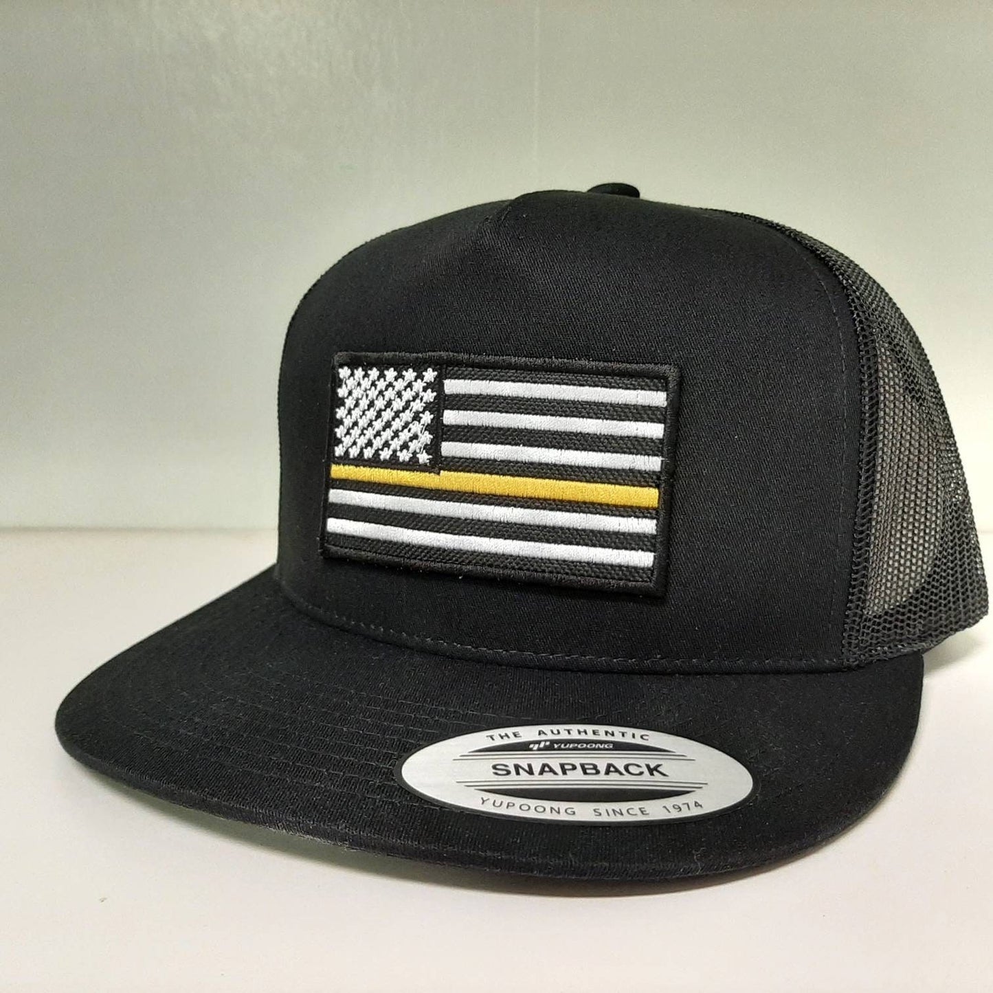 Thin Yellow Line Flag Patch Yupoong Classics Flat Bill Baseball Cap Trucker Mesh Snapback Hat Black