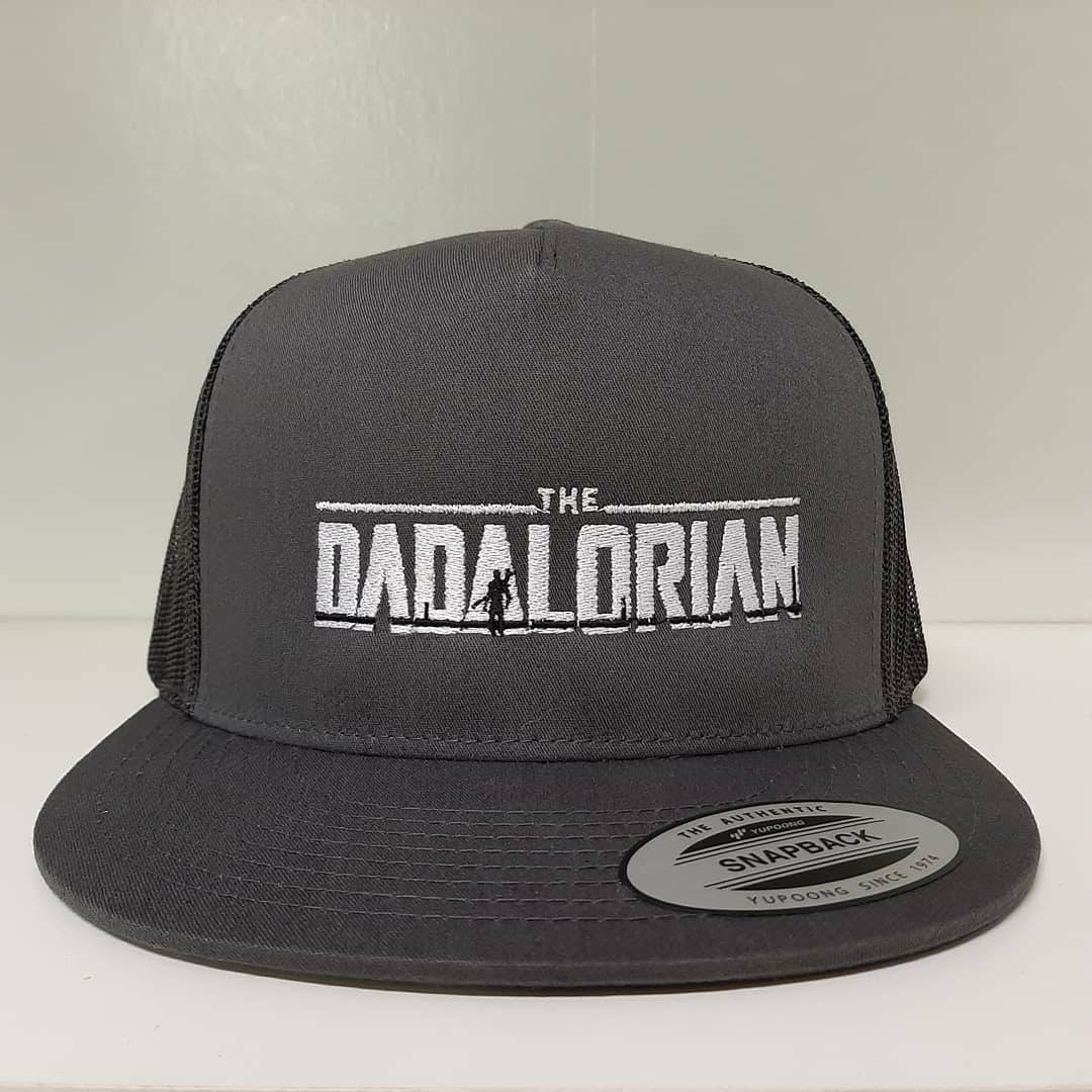 The Dadalorian Yupoong Classics Trucker Snapback Mesh Flat Bill Baseball Cap Hat Charcoal Gray Embroidered