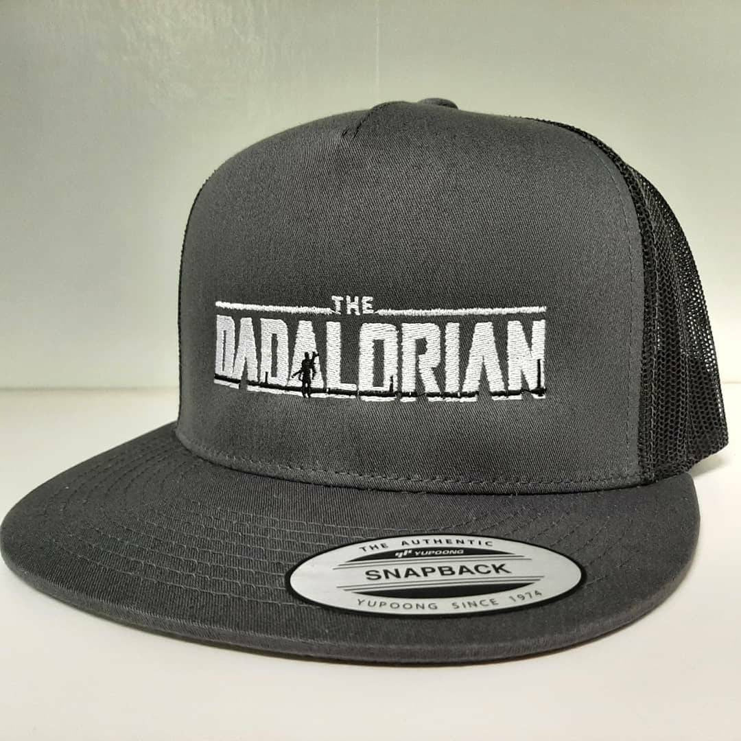 The Dadalorian Yupoong Classics Trucker Snapback Mesh Flat Bill Baseball Cap Hat Charcoal Gray Embroidered