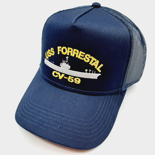 USS Forrestal CV-59 Hat Embroidered Baseball Cap Mesh Snapback Navy Blue