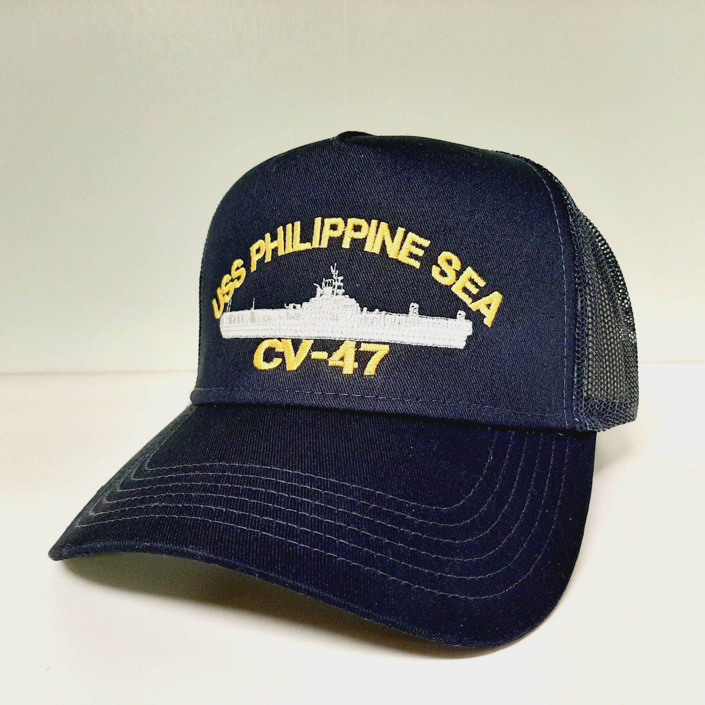 USS Philippine Sea CV-47 Navy Ship Baseball Cap Blue Mesh Snapback 3.5 inch Profile Cotton Front Panel
