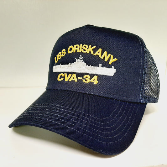 USS Oriskany CVA-34 Navy Ship Baseball Cap Blue Mesh Snapback 3.5 inch Profile Cotton Front Panel