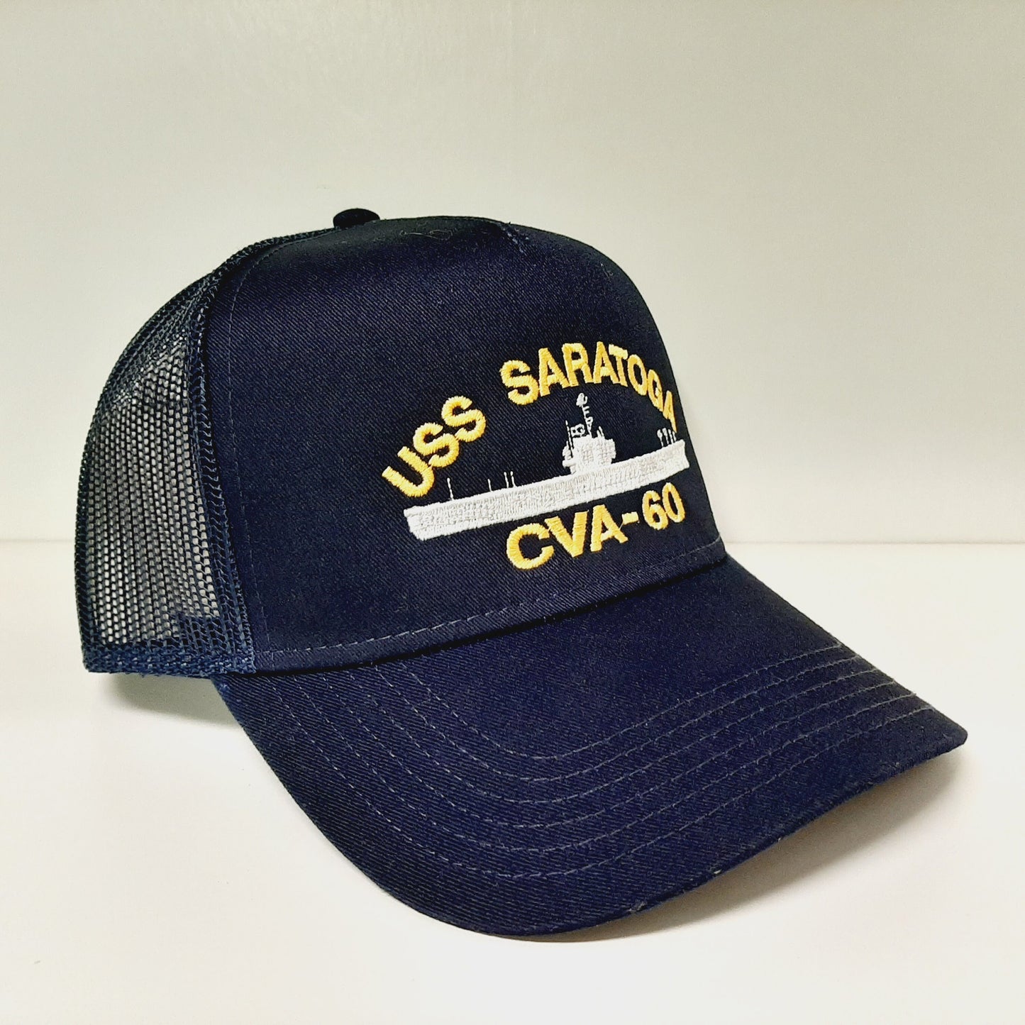 USS Saratoga CVA-60 Navy Ship Baseball Cap Blue Mesh Snapback 3.5 inch Profile Cotton Front Panel