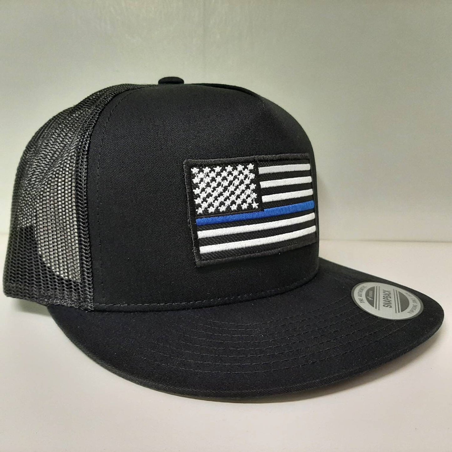 Thin Blue Line Yupoong Classics Trucker Snapback mesh Baseball Cap Hat Flat Bill Black Police Support Flag Patch