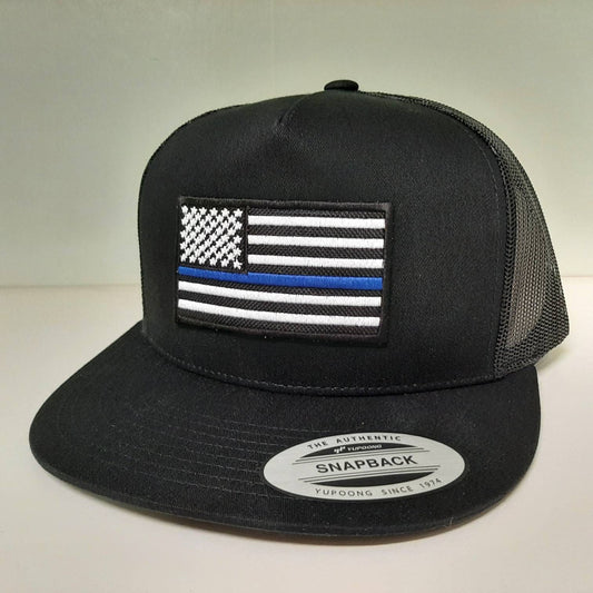 Thin Blue Line Yupoong Classics Trucker Snapback mesh Baseball Cap Hat Flat Bill Black Police Support Flag Patch