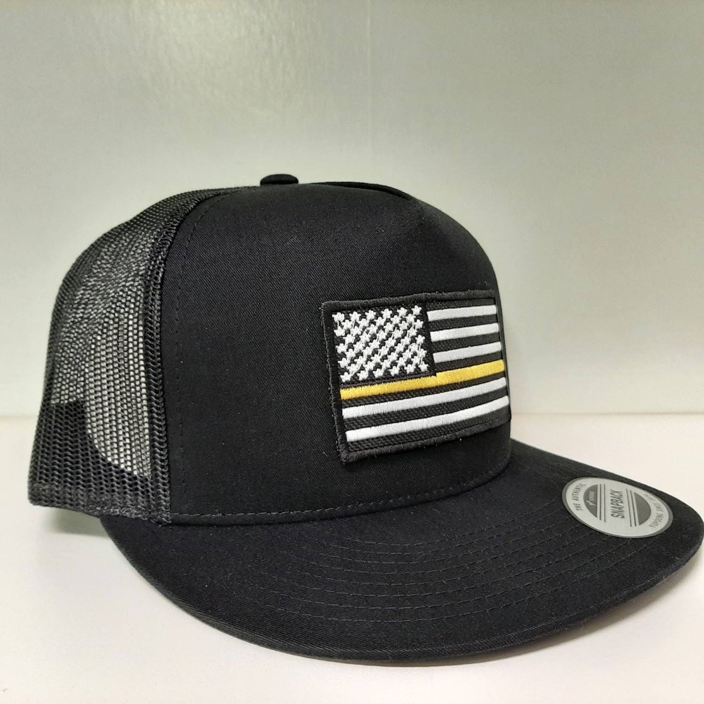 Thin Yellow Line Flag Patch Yupoong Classics Flat Bill Baseball Cap Trucker Mesh Snapback Hat Black