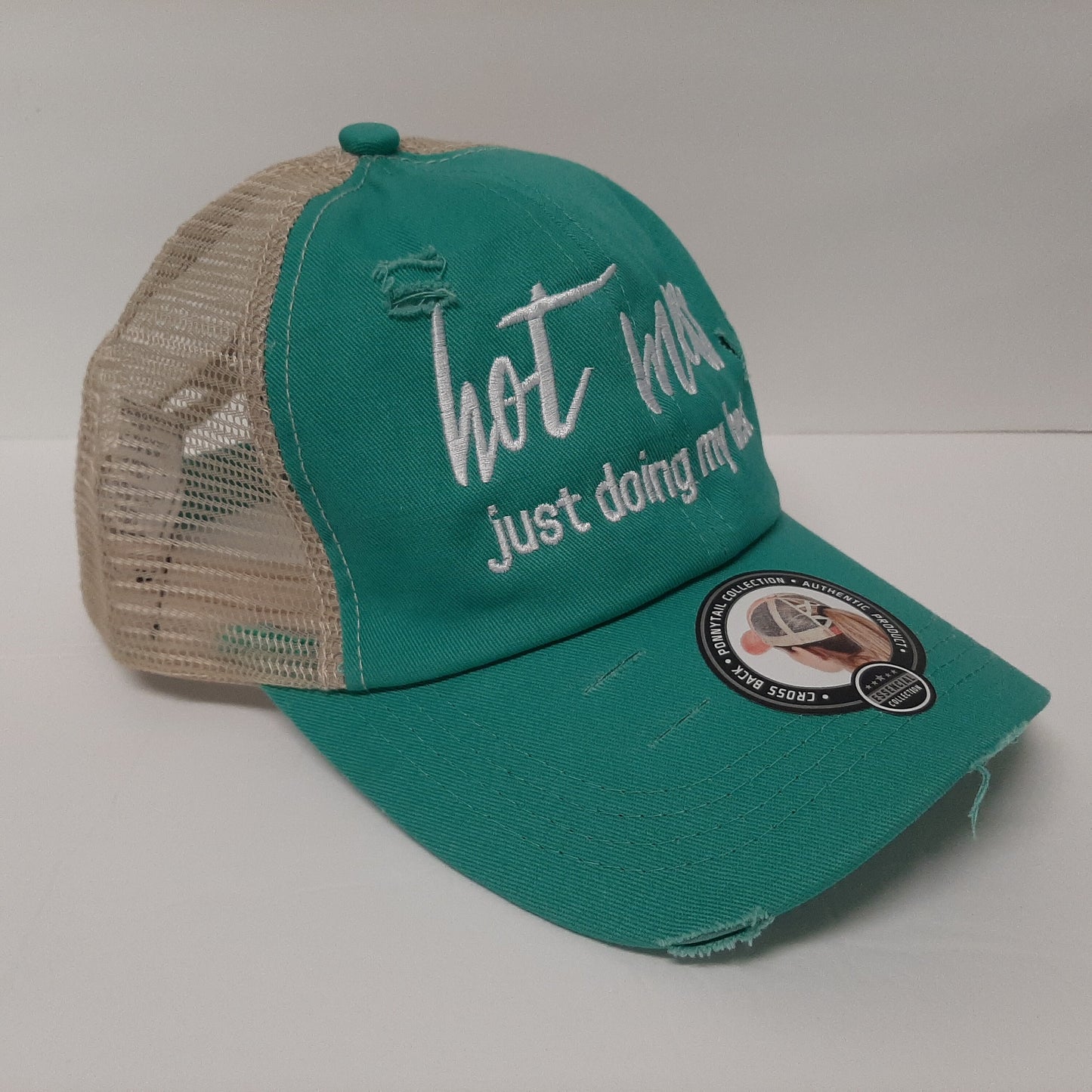 Hot Mess Women's Embroidered Pony Tail Criss Cross Hat Cap Teal Cotton