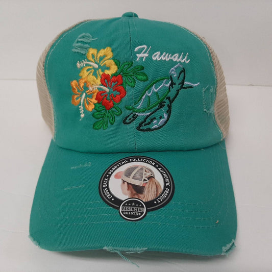 Hawaii Sea Turtle Hibiscus Ponytail Hat Cap Mesh Distressed Teal Blue Cotton