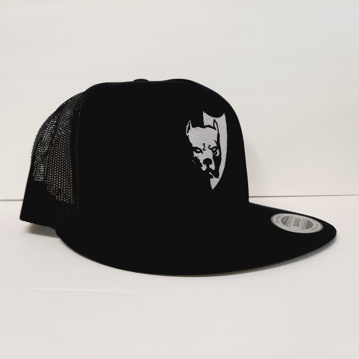Pitbull Dog Shield Yupoong Flat Bill Mesh Snapback Cap Hat Black Embroidered