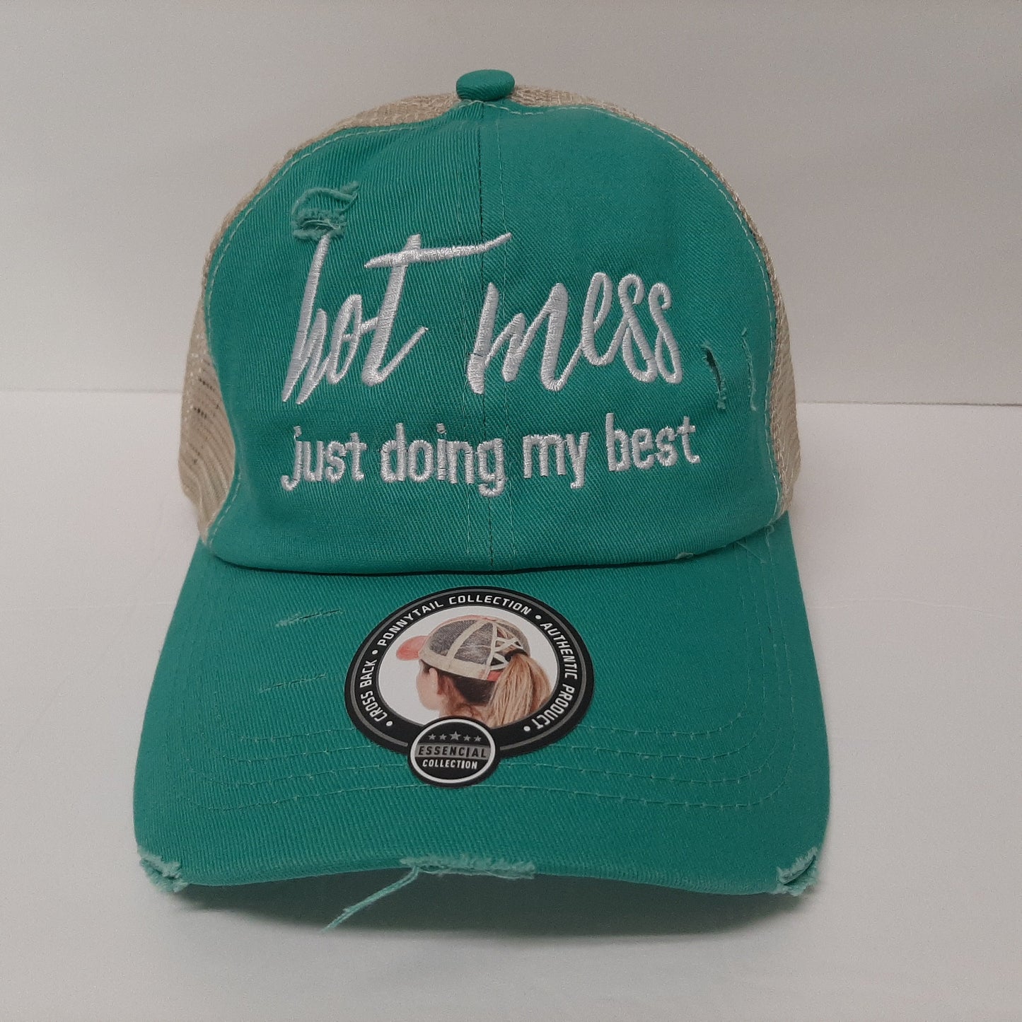 Hot Mess Women's Embroidered Pony Tail Criss Cross Hat Cap Teal Cotton