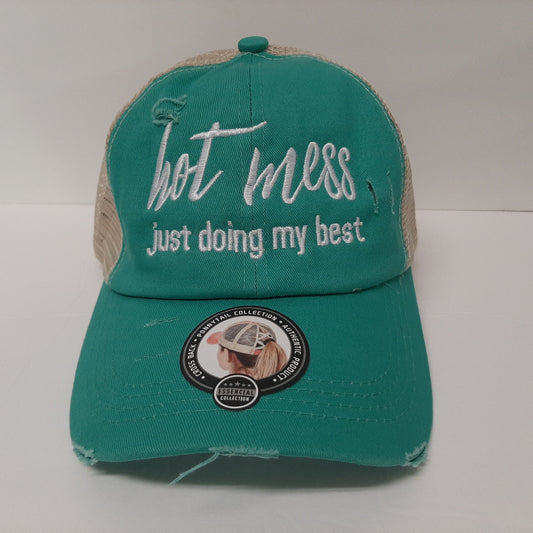 Hot Mess Women's Embroidered Pony Tail Criss Cross Hat Cap Teal Cotton