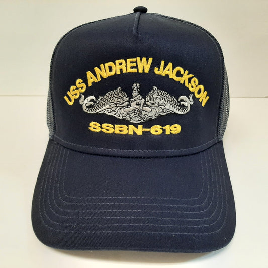 USS Andrew Jackson SSBN-619 U.S Navy Ship Boat Hat Cap Mesh Snapback Blue