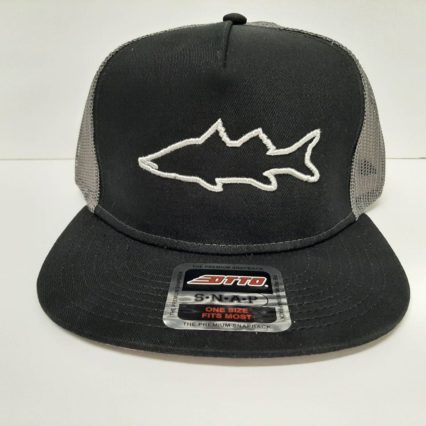 Snook Fish Otto Flat Bill Trucker Mesh Snapback Cap Hat Black & Gray Fishing