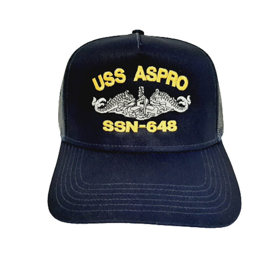 USS Aspro SSN-648 Submarine Boat Solid or Mesh Hat Cap Blue U.S. Navy Ship Embroidered