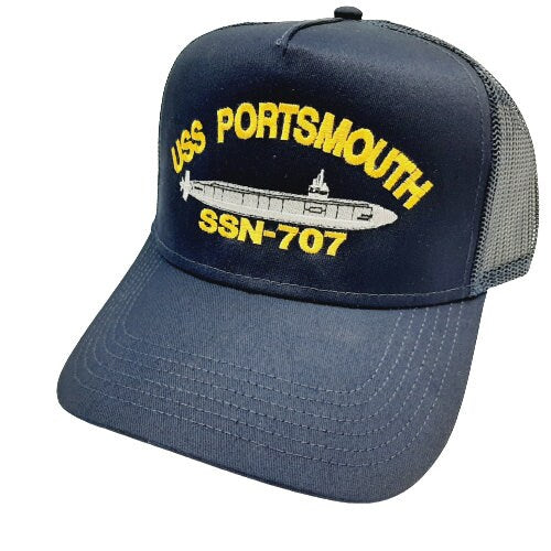 USS Portsmouth SSN-707 Submarine Boat Solid or Mesh Hat Cap Blue U.S. Navy Ship Embroidered