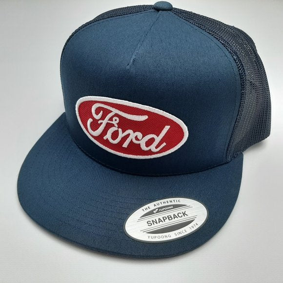 Ford Flat Brim Baseball Cap Embroidered Patch Mesh Snapback Navy Blue