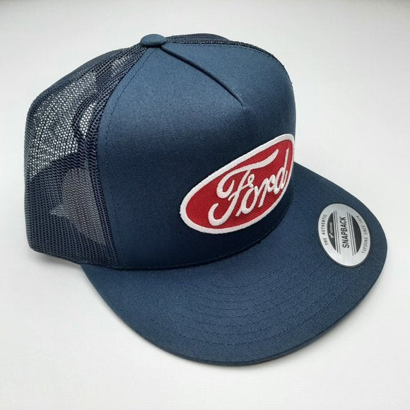 Ford Flat Brim Baseball Cap Embroidered Patch Mesh Snapback Navy Blue
