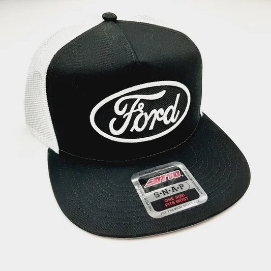 Ford Flat Brim Baseball Cap Embroidered Patch Mesh Snapback Black & White
