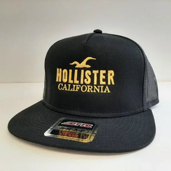 Hollister California Embroidered Mesh Snapback Cap Hat Black Otto Yellow