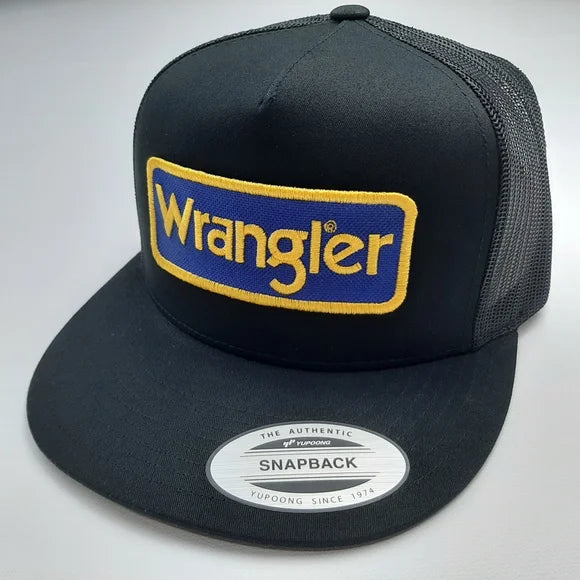 Wrangler Patch Embroidered Vintage Patch Trucker Mesh Snapback Cap Hat Black