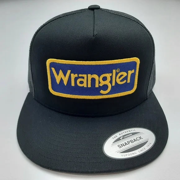 Wrangler Patch Embroidered Vintage Patch Trucker Mesh Snapback Cap Hat Black