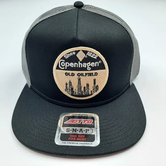 Copenhagen Old Oilfield Snuff Embroidered Patch Flat Bill Snapback Mesh Hat Cap Otto Black & Gray