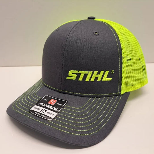 STIHL Chainsaw Embroidered Cap Hat Mesh Snapback Gray & Neon Yellow