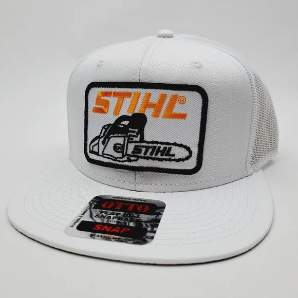 Stihl Embroidered Patch Flat Bill Trucker Mesh Snapback Hat Cap White