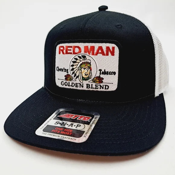 Red Man Embroidered Patch Flat Bill Trucker Mesh Snapback Cap Hat Black & White