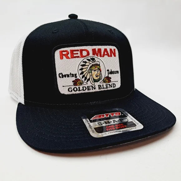 Red Man Embroidered Patch Flat Bill Trucker Mesh Snapback Cap Hat Black & White