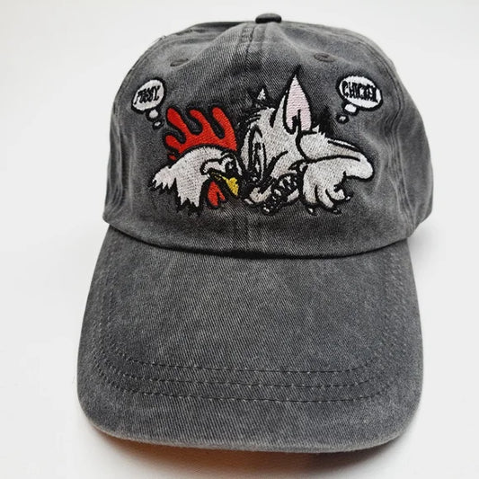 Chicken & Cat Embroidered Hat Cap No Fear Gray Washed Cotton Buckle Strap