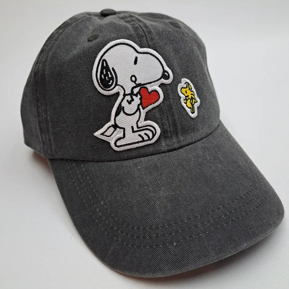 Valentines Day Snoopy & Woodstock Embroidered Patch Hat Cap Gray Washed Relaxed Dark Gray