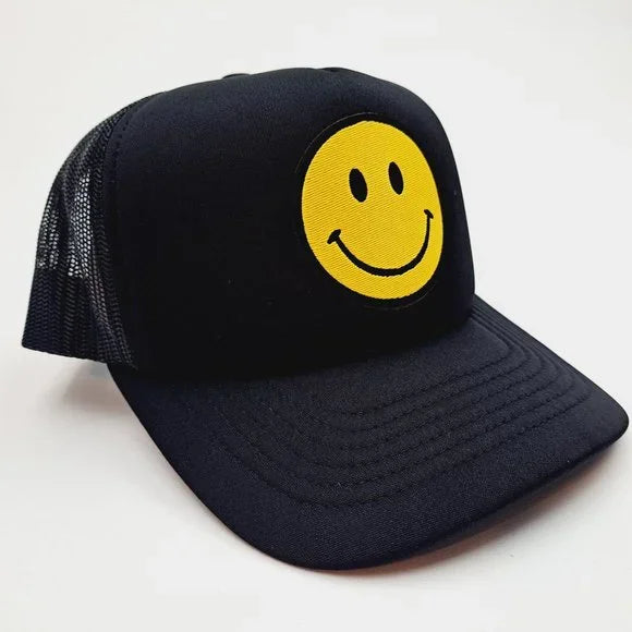 Smiley Face Embroidered Patch Vintage Foam Trucker Mesh Snapback Cap Hat Black