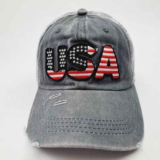 Patriotic USA Embroidered Patch Ponytail Hat Cap Mesh Net Stars Gray Relaxed Cotton