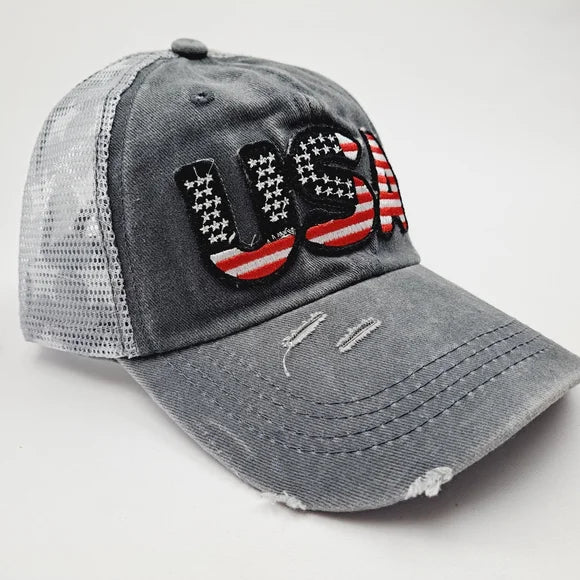 Patriotic USA Embroidered Patch Ponytail Hat Cap Mesh Net Stars Gray Relaxed Cotton